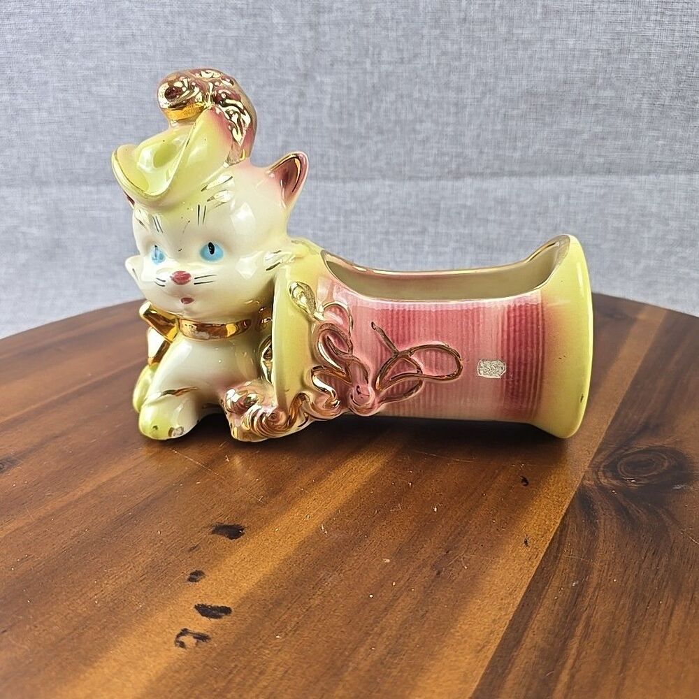 Vintage Hull USA Pottery 89‎ Kitty Cat Planter Gold Trim Yellow Pink Chartreuse